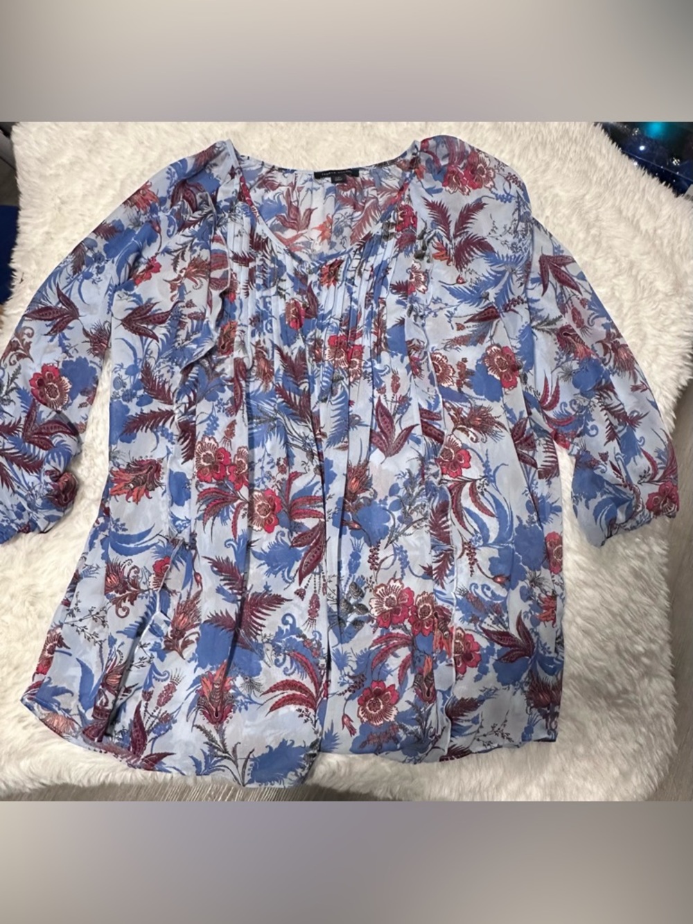 Light Blue Floral Pleated Sheer Blouse